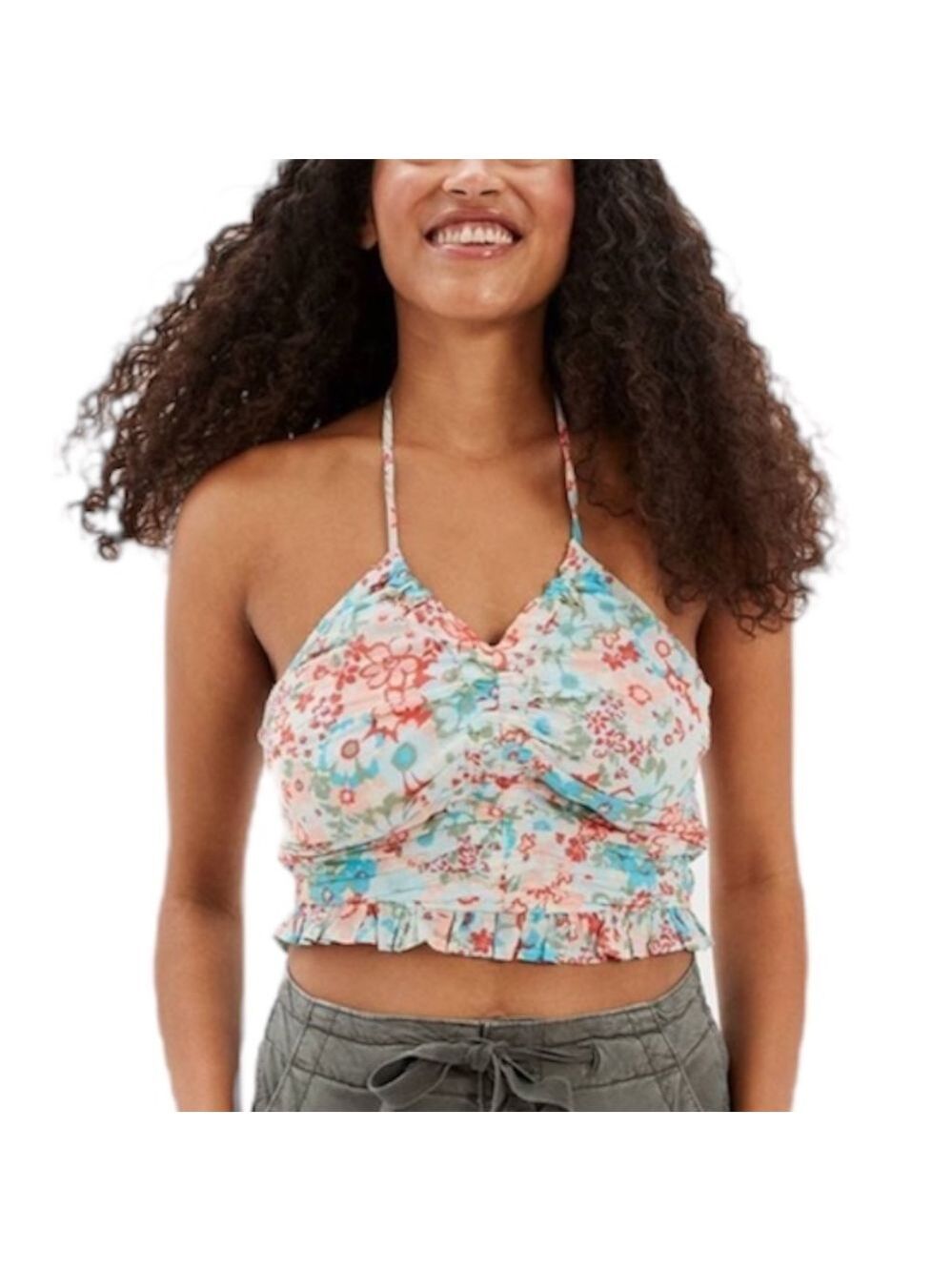 NWT American Eagle ruched blue coral floral cropped halter top M